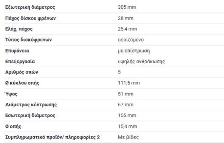 ΔΙΣΚΟΠΛΑΚΕΣ ΕΜΠΡΟΣ 305X28 mm A-CLASS W177 V177 B-CLASS W247 CLA ΚΟΥΠΕ C118 W118 CLA Shooting Brake X118 GLA H247 SUV BRAKE DISK